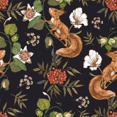 Seamless pattern with squirrels, nuts, flowers and rowan berries.
