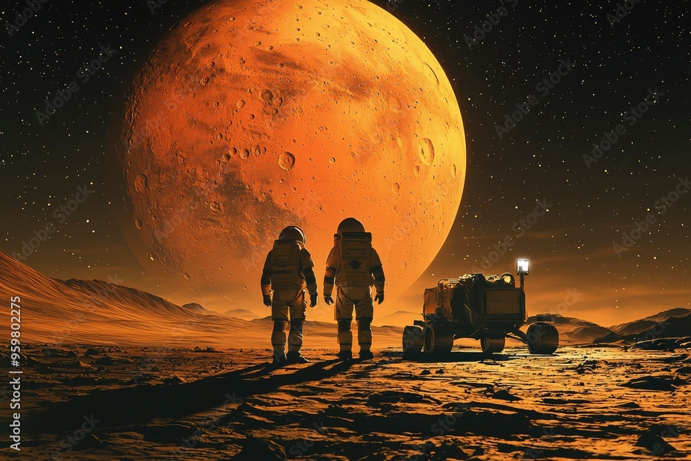 Poster two astronauts on mars with rover and planet in background
