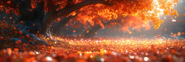 Enchanting autumn landscape with lush red foliage, majestic tree, and a carpet of fallen leaves creating a magical and serene mood