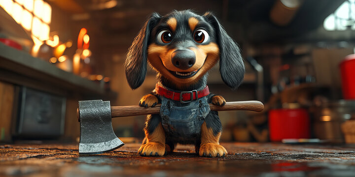 Determined dog with axe in workshop setting, vibrant animation style, warm colors, indoor background, spirited and motivated mood in creative space