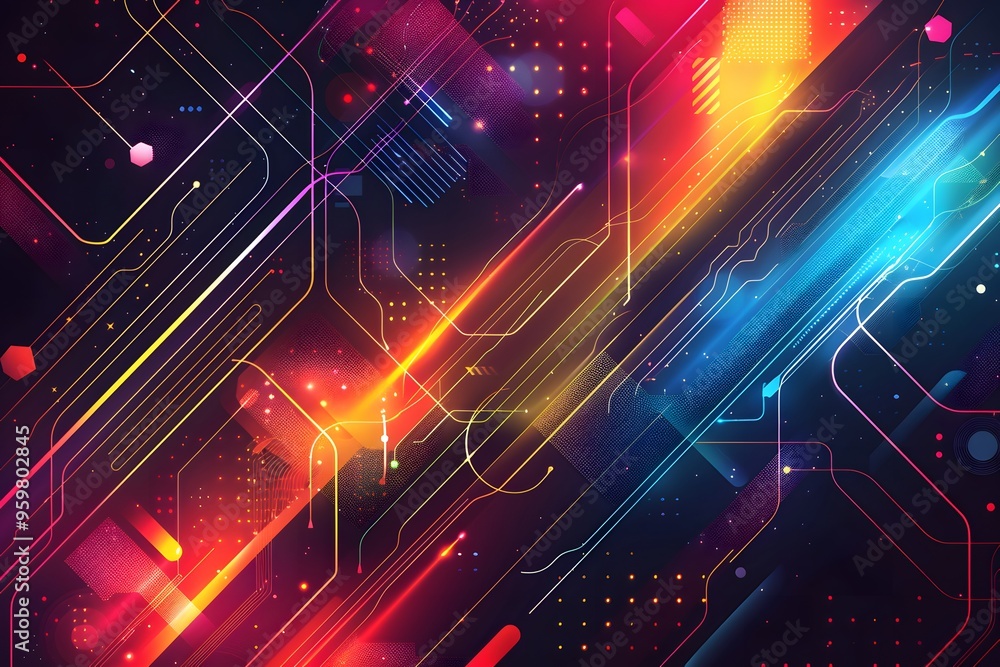 Poster vibrant abstract digital background with colorful lines and geometric patterns