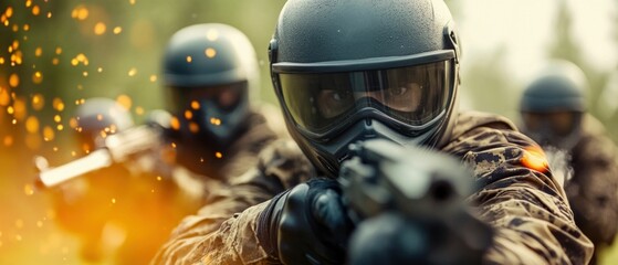 Fototapeta premium Close-Up of Players in Intense Paintball Match. Generative ai