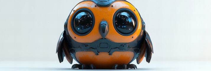 Adorable robotic owl with vibrant orange and metallic hues, set against a clean white background, exuding a whimsical and friendly mood.