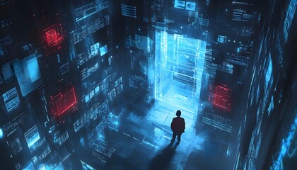 A Silhouette of a Person Standing in a Digital World