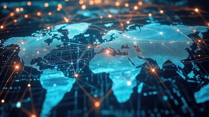 Global Network Connections:  A Digital World Map  with  Interconnected  Lines  Illustrating the  Flow  of  Information and  Data