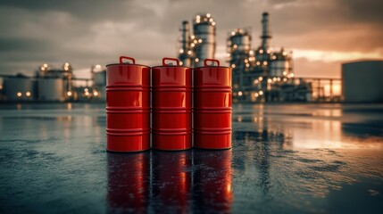 Three Red Oil Barrels in Front of an Industrial Refinery. Generative ai