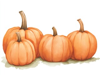 Fototapeta premium A group of four orange pumpkins in a watercolor style illustration on a white background, perfect for fall or Halloween themes.