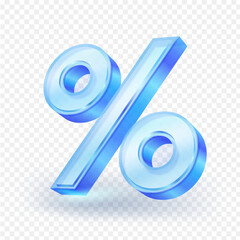 Transparent blue glass percentage symbol with reflection isolated on white background. 3D vector illustration.