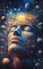 38. **Celestial portrait with a human face surrounded by stars, moons, and cosmic elements**