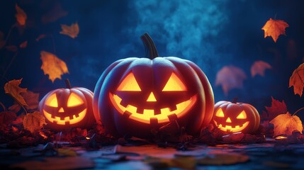 Obraz premium Spooky Halloween Jack o Lanterns with Glowing Faces in Autumn Leaves