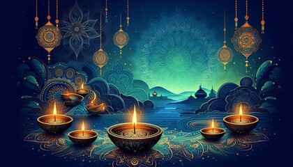 A festive diwali background with ornate diyas and mandalas set against a shimmering, blue sky and a distant cityscape.