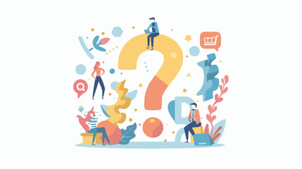 
Q and A or FAQ concept with tiny people characters, big question mark, frequently asked questions template. Answers business support concept flat style design vector illustration.