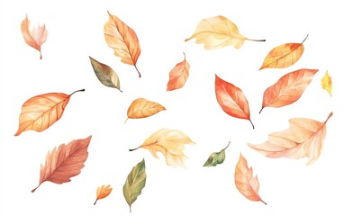 Watercolor autumn leaves in various colors scattered on a white background. Perfect for seasonal designs and projects.