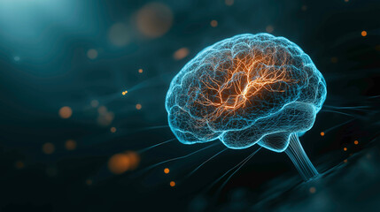 A glowing digital brain, glowing orange, floats above a futuristic circuit board. This scene represents artificial intelligence.