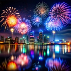 Fototapeta premium City skyline with colorful fireworks reflecting on water at night for celebration imagery