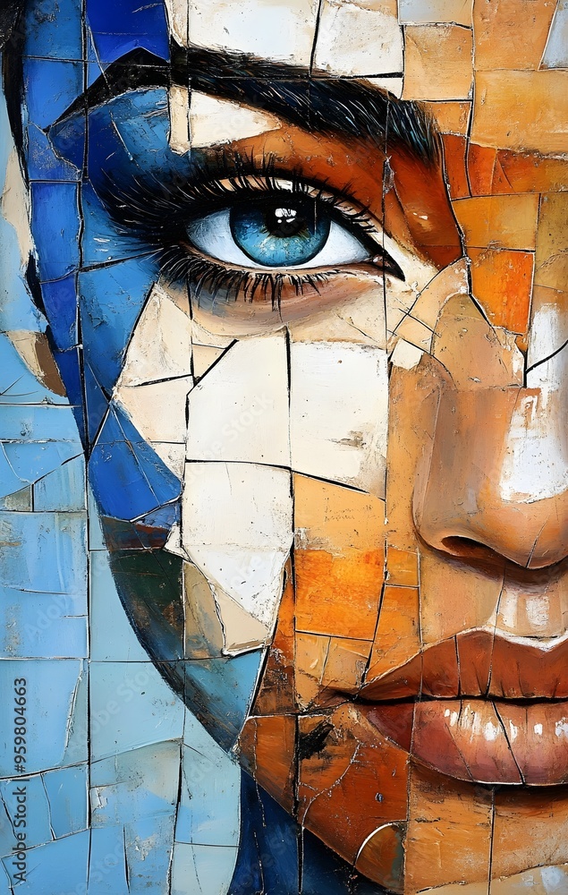 Poster 16. **abstract face art with fragmented shapes and overlapping textures, creating a sense of depth a