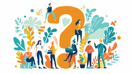 
Q and A or FAQ concept with tiny people characters, big question mark, frequently asked questions template. Answers business support concept flat style design vector illustration.