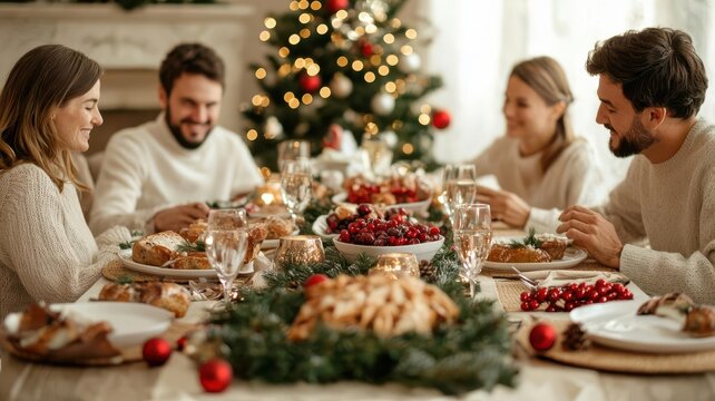 Family and friends gathered around a table for a holiday party, warm and festive