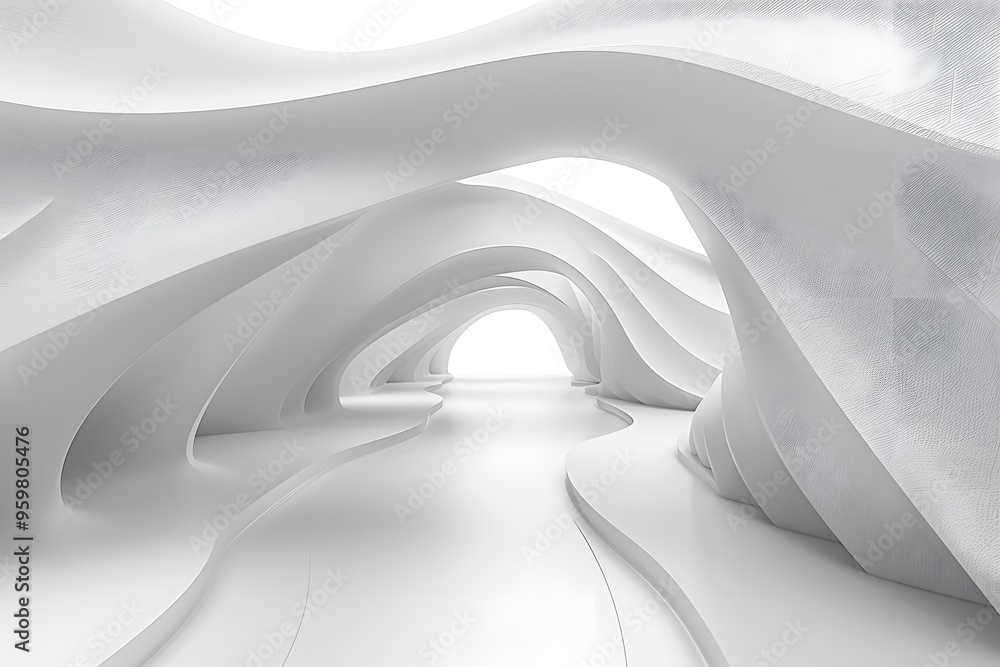 Poster ethereal white abstract tunnel with flowing curves and soft lighting