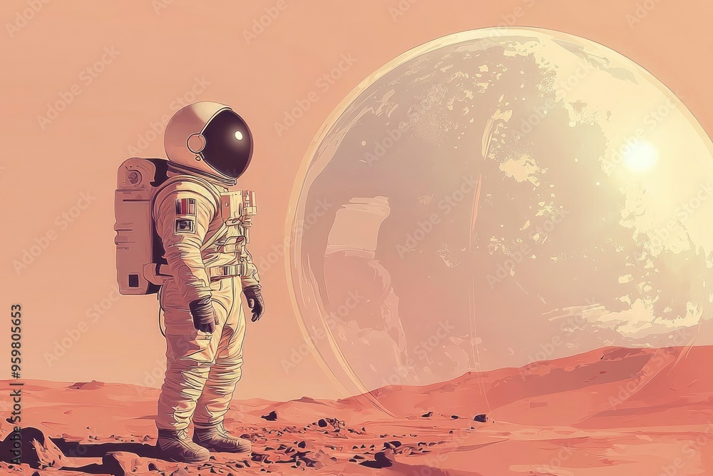 Poster astronaut standing on mars with a giant spherical structure in the background