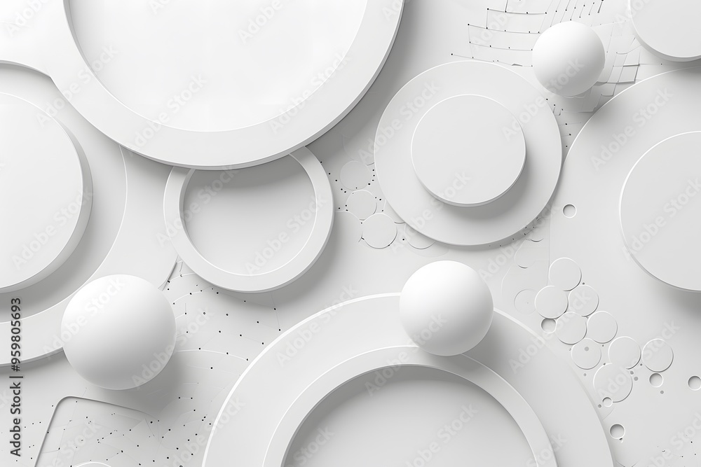 Poster abstract composition of white circles and spheres on a textured background