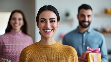 Guests arriving at a housewarming party with gifts and smiles