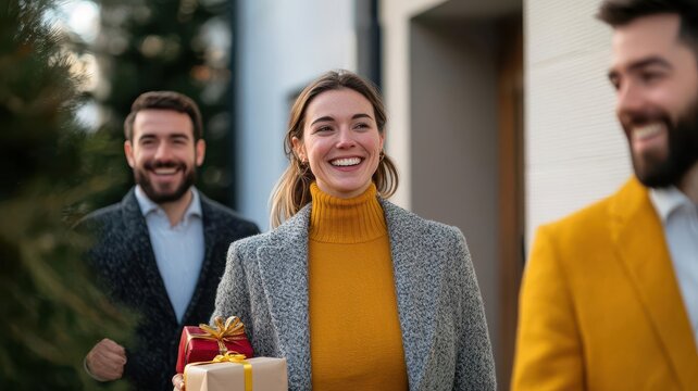 Guests arriving at a housewarming party with gifts and smiles