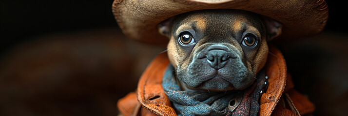 Charming portrait of a bulldog wearing a cowboy hat and bandana, capturing a vintage, rustic aura with earthy tones