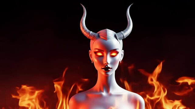 dark fantasy woman with horns against the backdrop of a hellish plane. Concept: Halloween