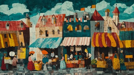 Whimsical UHD Cubist Interpretation of a Traditional Folk Art Market Scene
