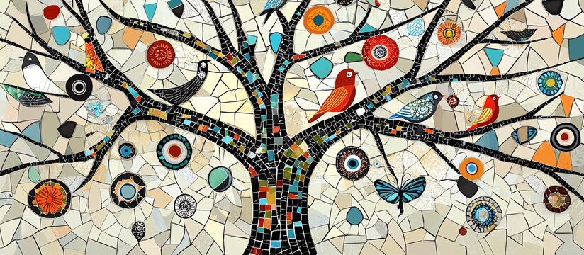 Colorful mosaic tree with birds and butterflies, vibrant intricate design, nature and wildlife theme, art for decor and creativity.