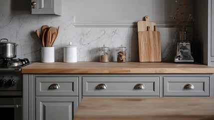 "Front view of an elegant interior featuring gray drawers beneath a kitchen cabinet, an empty wooden table, and a marble countertop. The room includes modern cooking equipment and a well-organized spa