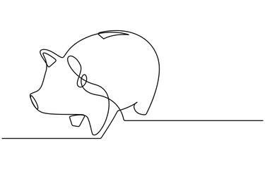 Piggy bank in continuous line art drawing style. Pig moneybox black linear sketch isolated on white background. Vector illustration, Continuous line drawing of piggy bank