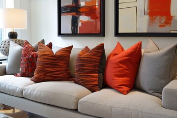 Modern Living Room Sofa with Colorful Pillows and Abstract Paintings