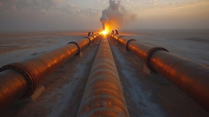 A row of large gas pipelines stretching into the distance, with skilled welders at work, sparks flying as they weld the metal.