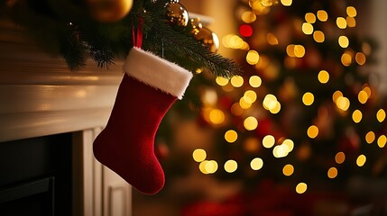 Cozy Christmas scene with red stocking hanging by the fireplace