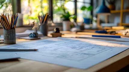 Close-up of Blueprint Spread Across a Wooden Desk: Detailed architectural blueprints spread on a wooden desk with drafting tools, showcasing technical design elements. 