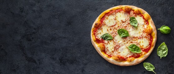 Top-down view of a Margherita pizza with golden crust, melted cheese, and bright green basil, capturing the essence of traditional Italian cuisine