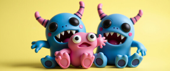 a pair of cute blue and pink plastic monsters sitting on top of each other, plasticine model,
