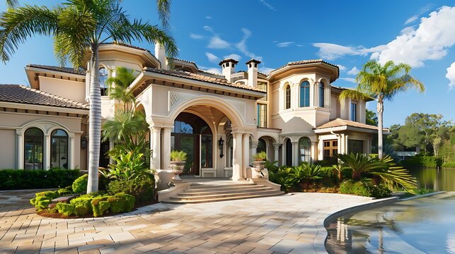 Luxury mansion with tropical exterior palm trees stone walkway water view for Wealth Success Life Achievement Concept.