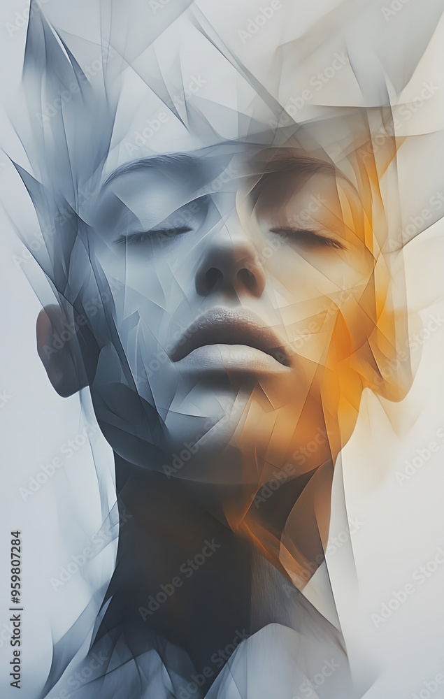 Canvas Prints 22. **Abstract portrait with a human face formed from layered, translucent shapes and subtle gradients**