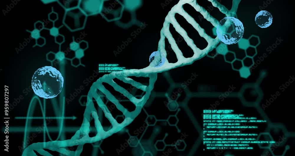 Poster dna strand and scientific data processing animation over hexagonal patterns