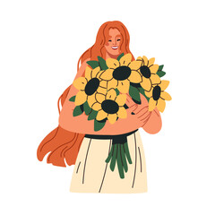 Happy young woman holding sunflower bouquet. Smiling girl with summer blossoms, blooming field plants in hands. Joyful female and floral bunch. Flat vector illustration isolated on white background