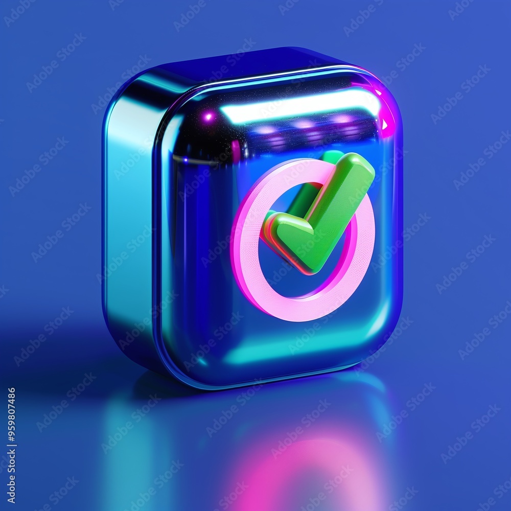 Poster 3d checkmark icon on glossy blue background. futuristic button with vibrant colors representing appr