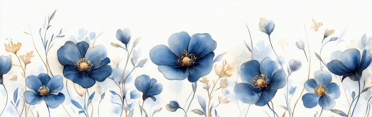 Blue and Gold Watercolor Flowers Elegant Romantic Floral Border