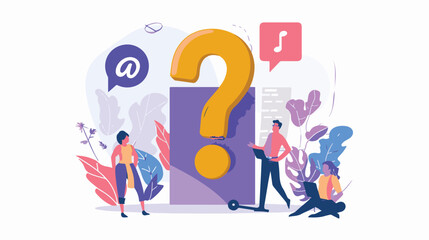 
Q and A or FAQ concept with tiny people characters, big question mark, frequently asked questions template. Answers business support concept flat style design vector illustration.