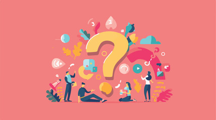 
Q and A or FAQ concept with tiny people characters, big question mark, frequently asked questions template. Answers business support concept flat style design vector illustration.