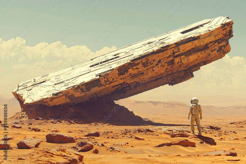 Poster astronaut gazing at crashed spaceship on a desert planet
