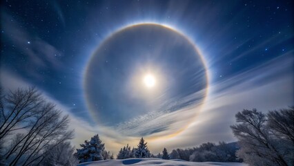 Fototapeta premium A luminous pale halo around the moon, formed when moonlight refracts through ice crystals in the atmosphere