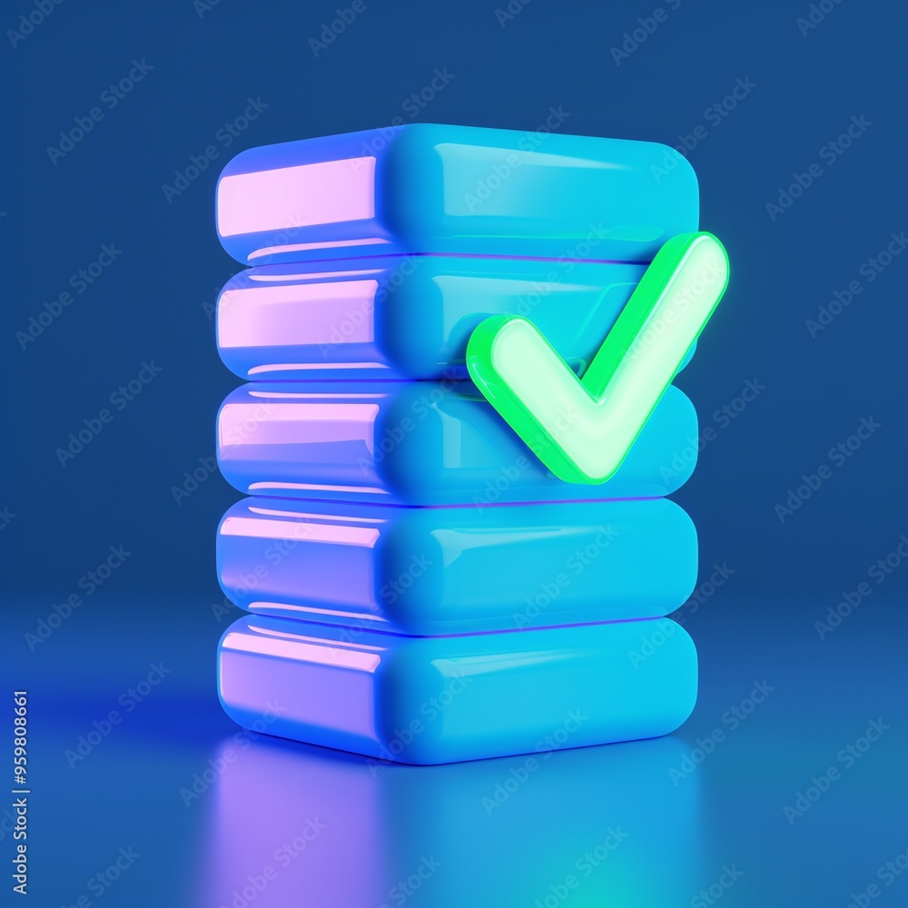 Poster 3d illustration of a blue data server stack with a green checkmark, symbolizing successful data stor